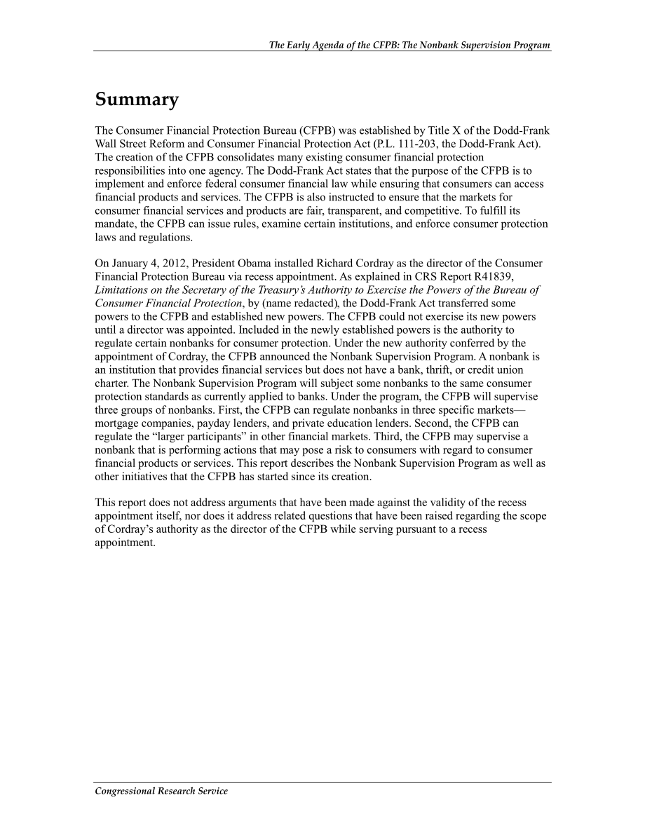 [20120130]R42156_消费者金融保护局的早期议程：非银行监管计划 .pdf_第2页