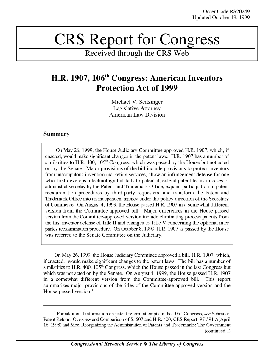 [19991019]RS20249_H、 R. 1907, 106th Congress 1999年美国发明家保护法.pdf_第1页