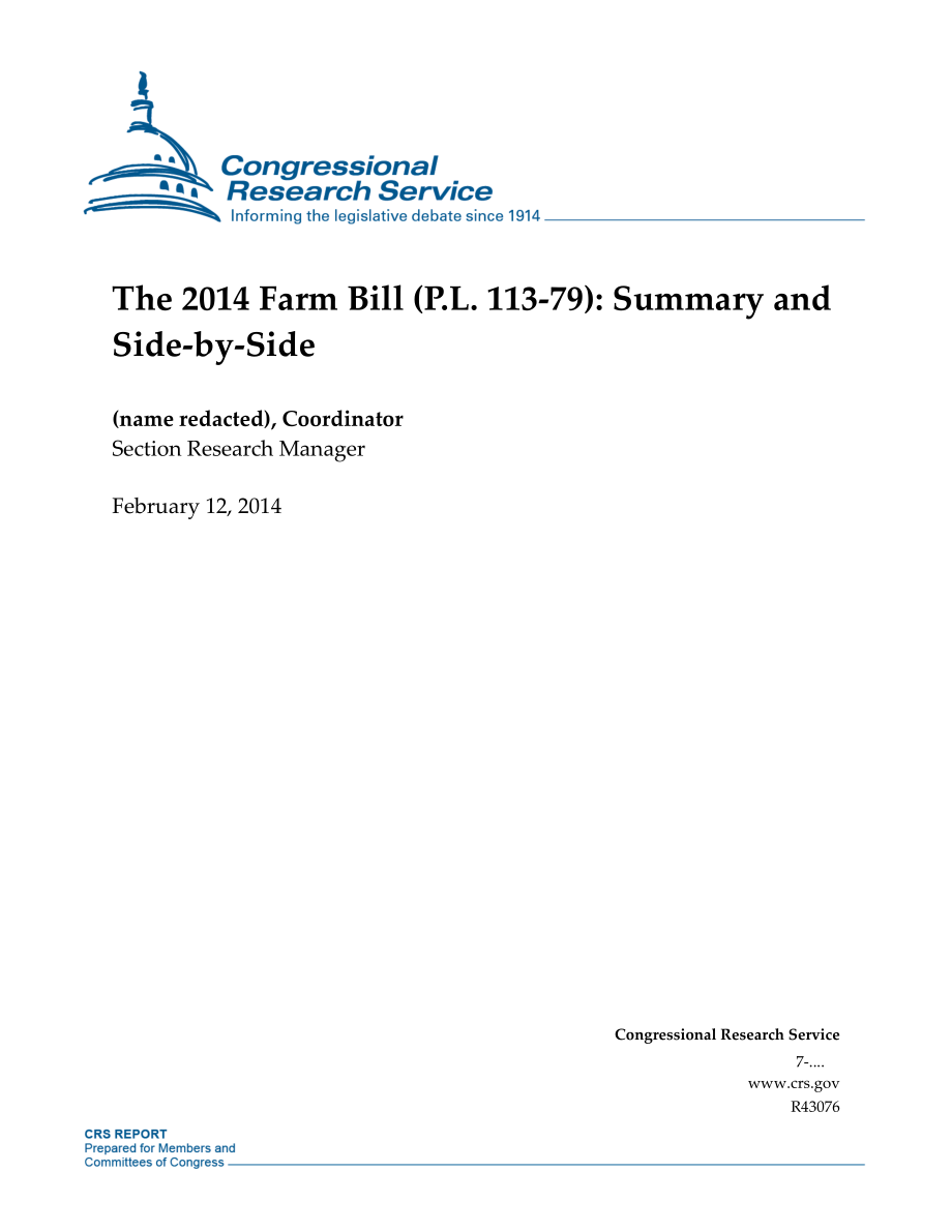 [20140212]R43076_2014年农业法案（P.L.113-79) 总结和并列.pdf_第1页