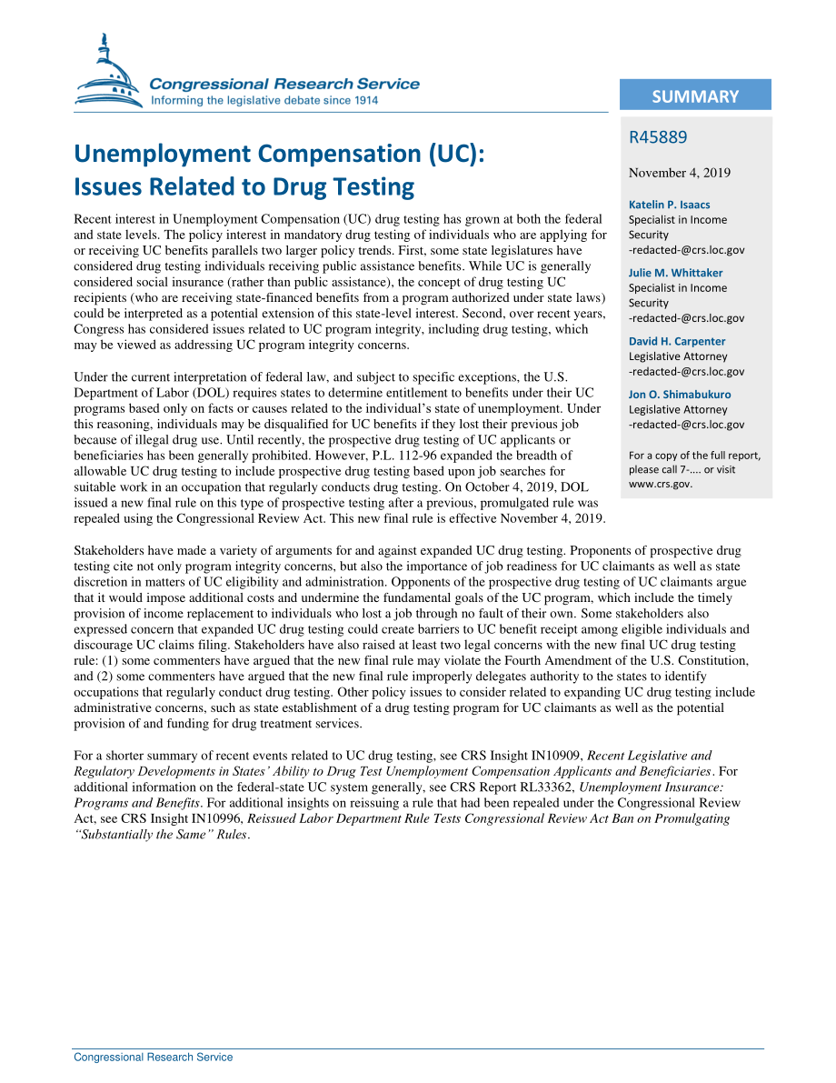 [20191104]R45889_失业补偿金（UC）：与药物检测相关的问题.pdf_第2页