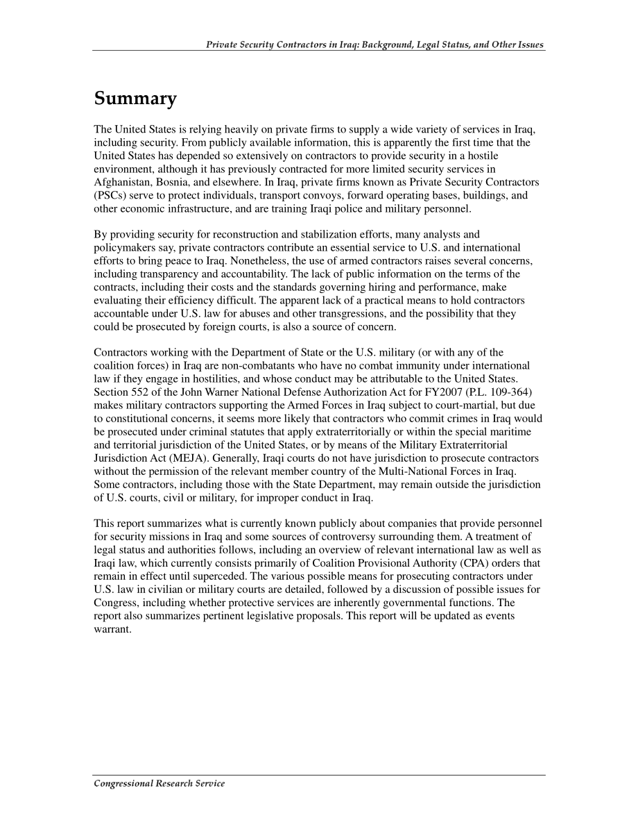 [20080929]RL32419_伊拉克私人安保承包商：背景、法律地位和其他问题.pdf_第2页