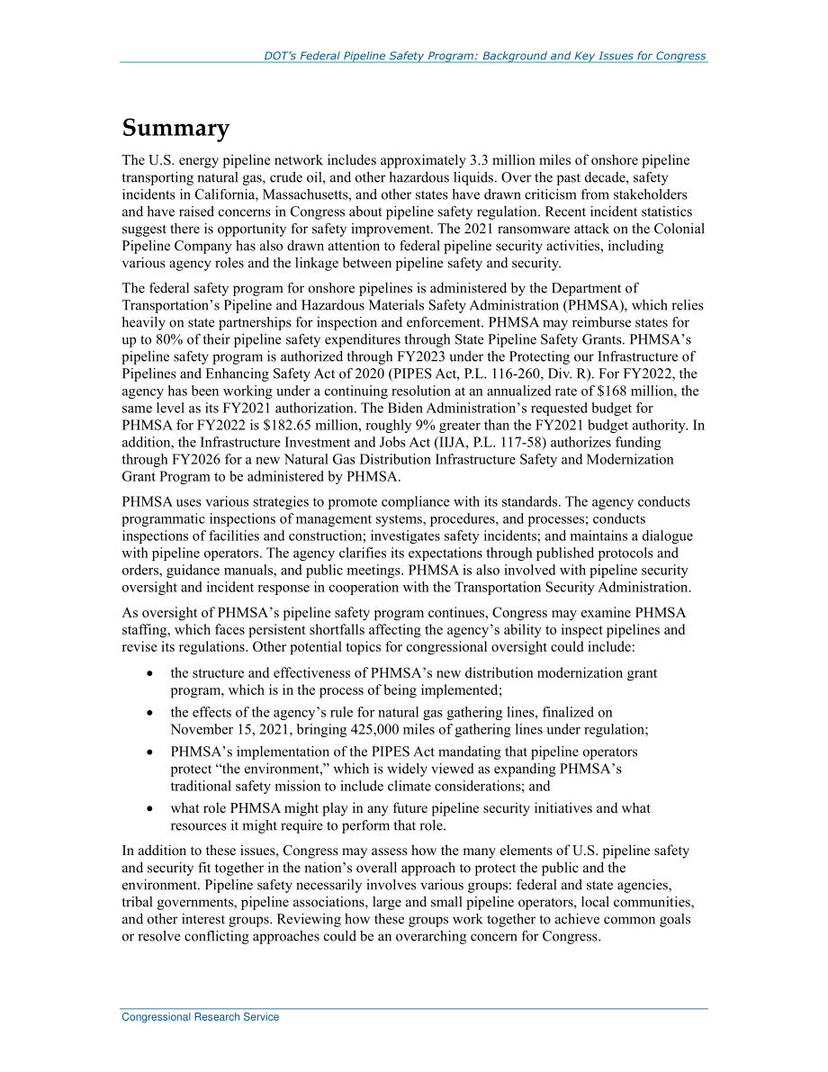 [20220310]R44201_DOT的联邦管道安全计划：国会背景和关键问题.pdf_第2页