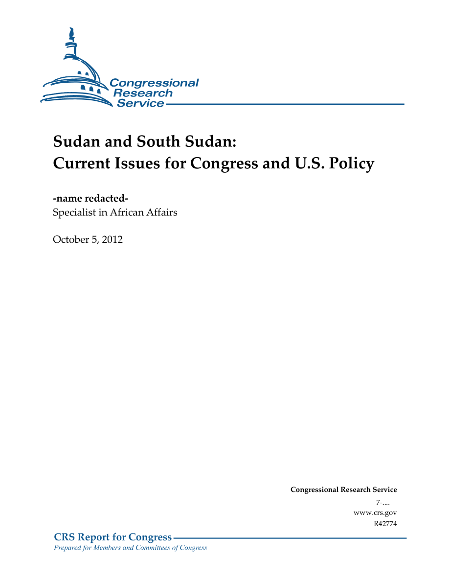 [20121005]R42774_苏丹和南苏丹：国会当前面临的问题和美国政策.pdf_第1页