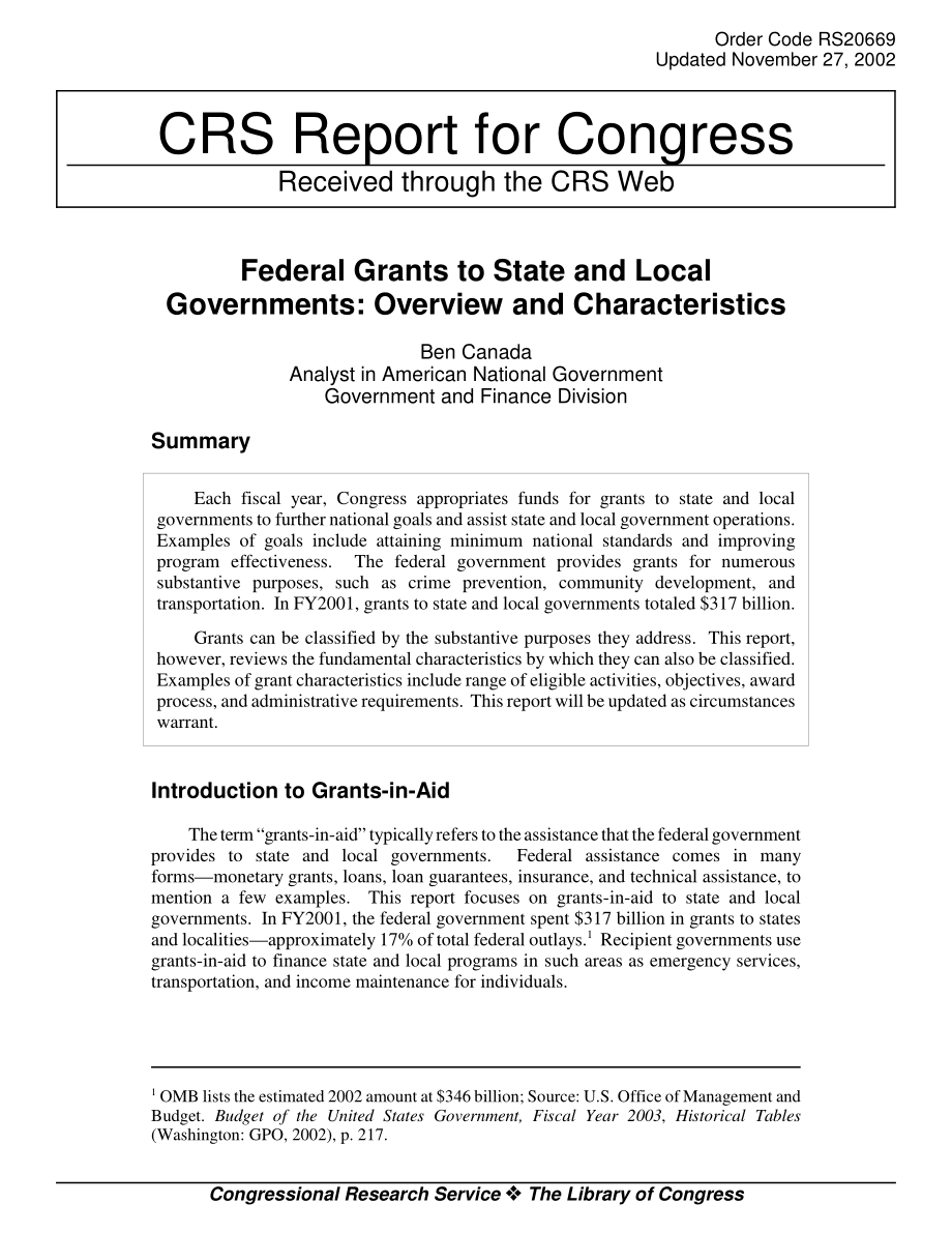 [20021127]RS20669_联邦政府对州和地方政府的拨款：概述和特点.pdf_第1页