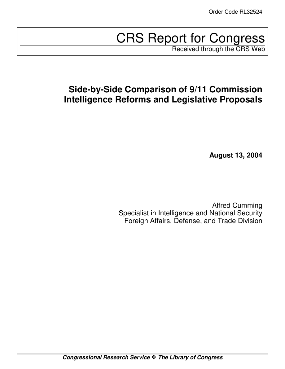 [20040813]RL32524_9·11委员会情报改革与立法提案的并行比较.pdf_第1页
