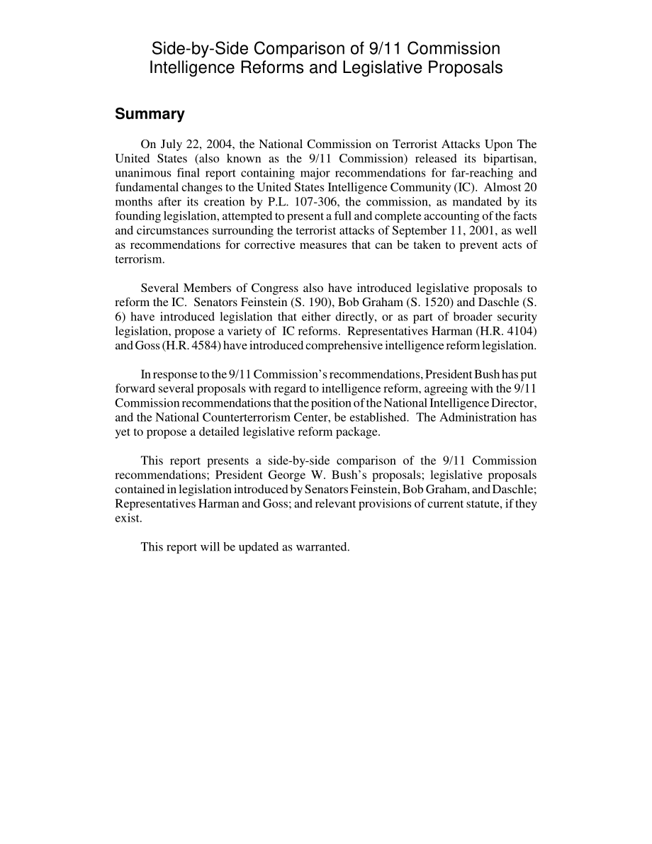[20040813]RL32524_9·11委员会情报改革与立法提案的并行比较.pdf_第2页