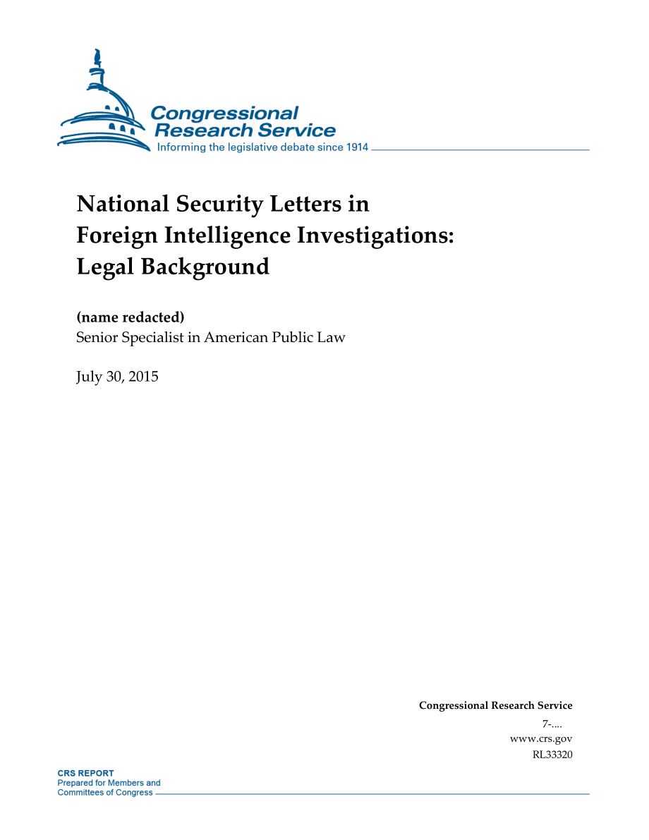 [20150730]RL33320_外国情报调查中的国家安全信函：法律背景.pdf_第1页