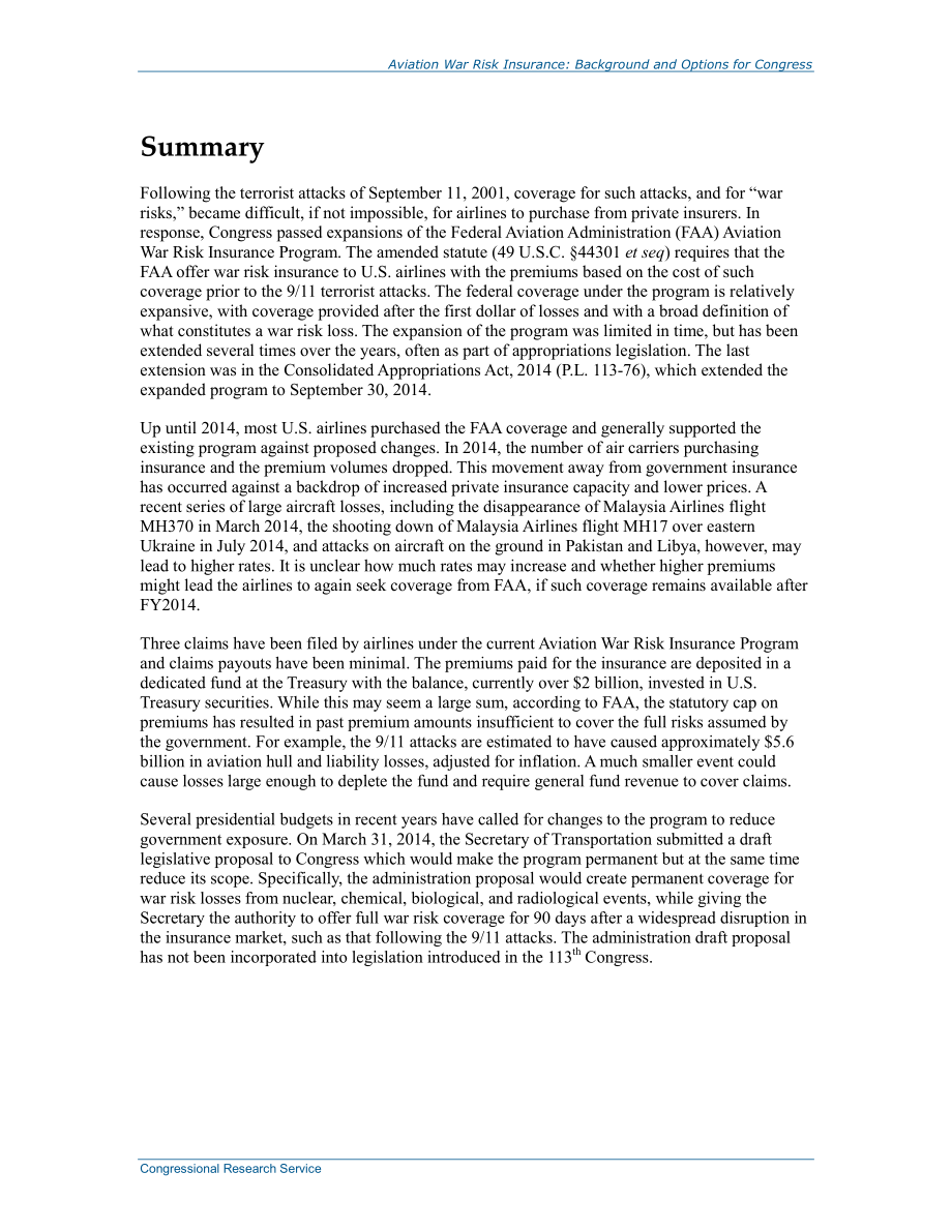 [20140905]R43715_航空战争险：国会背景和选择.pdf_第2页