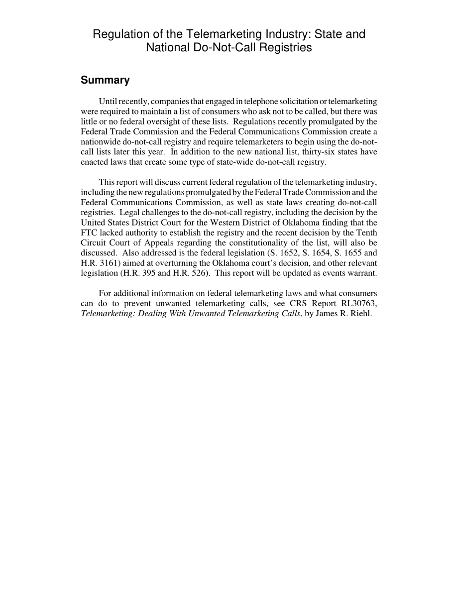 [20040224]RL31642_电话营销行业监管：州和国家不呼叫注册中心.pdf_第2页