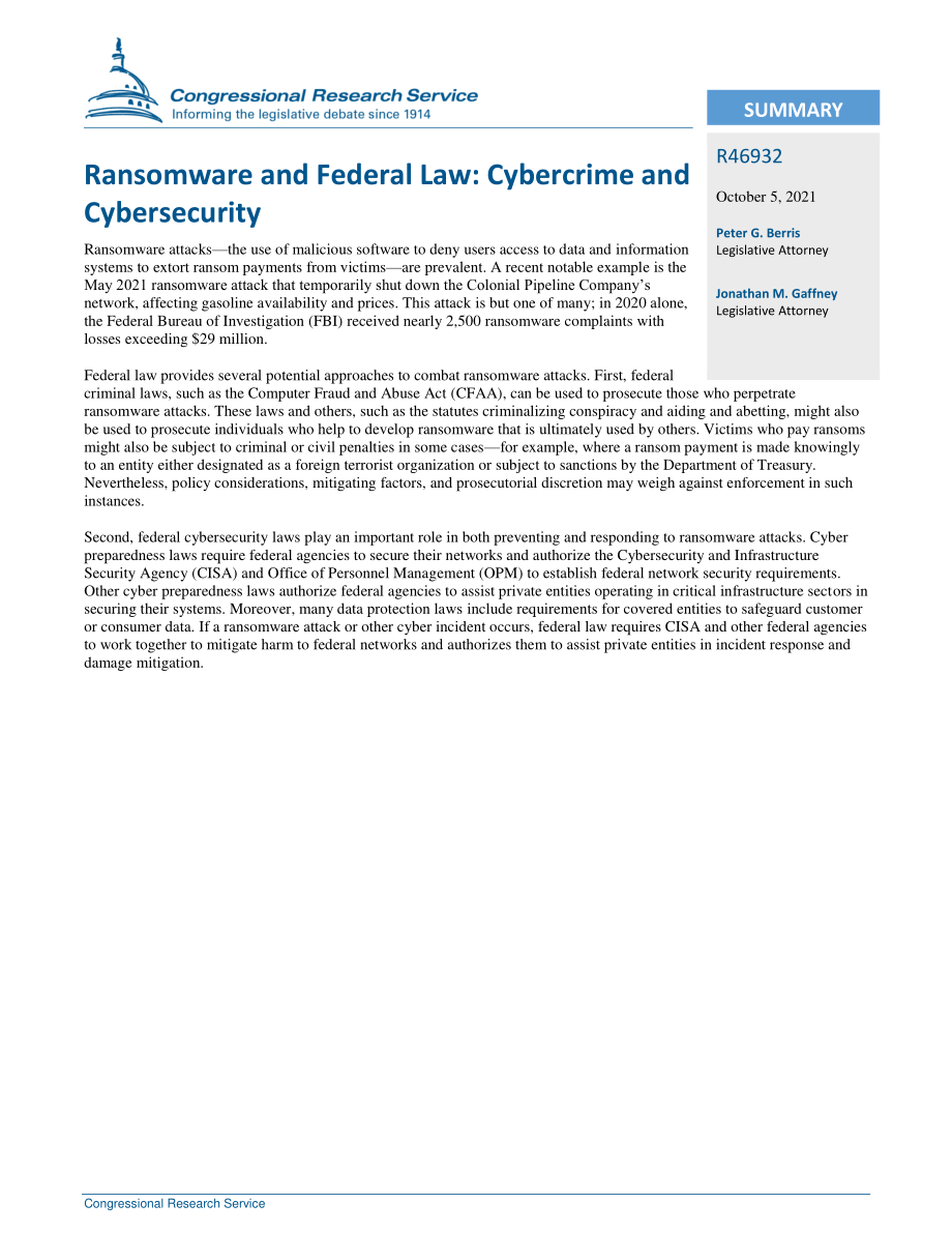 [20211005]R46932_勒索软件和联邦法律：网络犯罪与网络安全.pdf_第2页