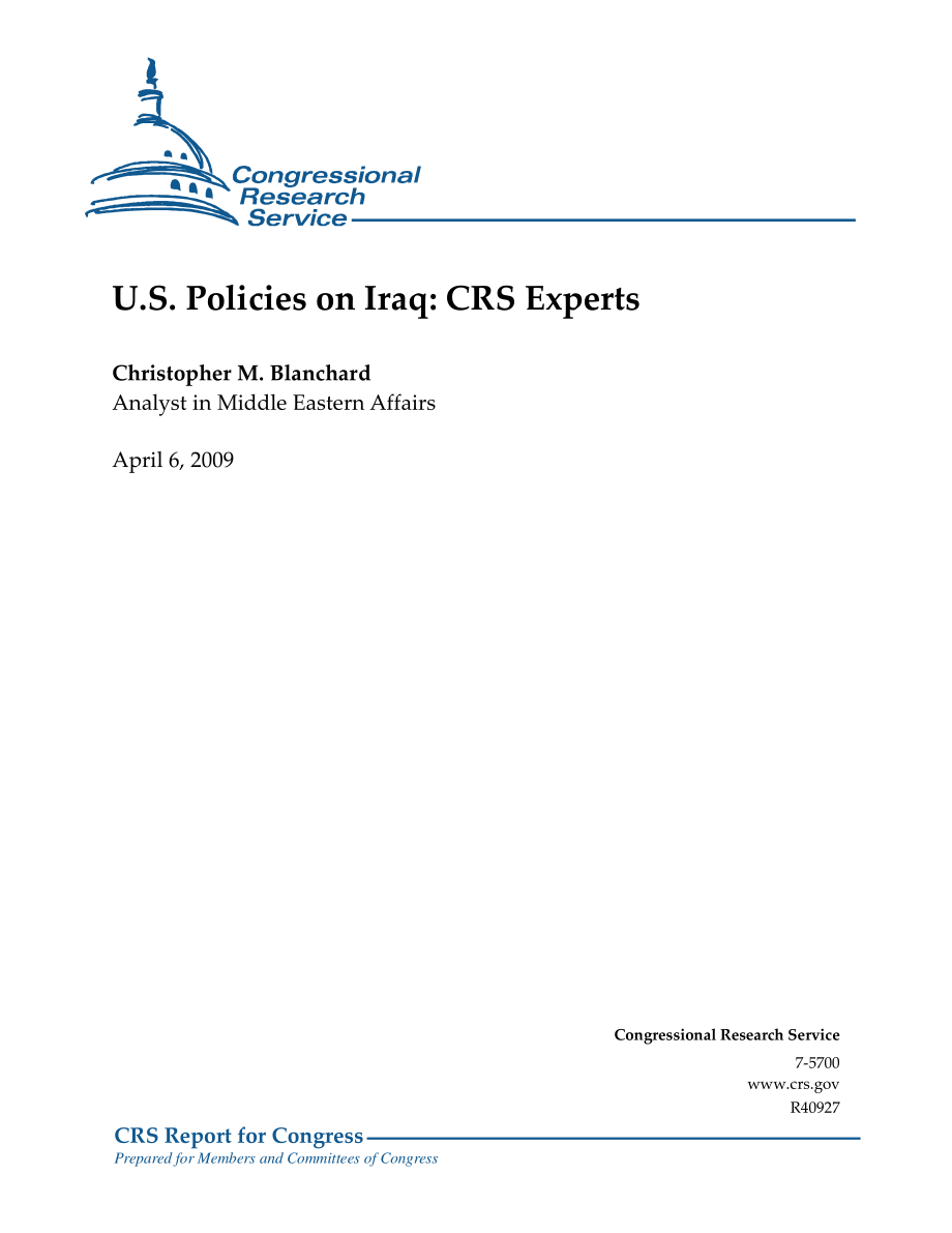 [20090406]R40927_美国对伊拉克政策：CRS专家.pdf_第1页