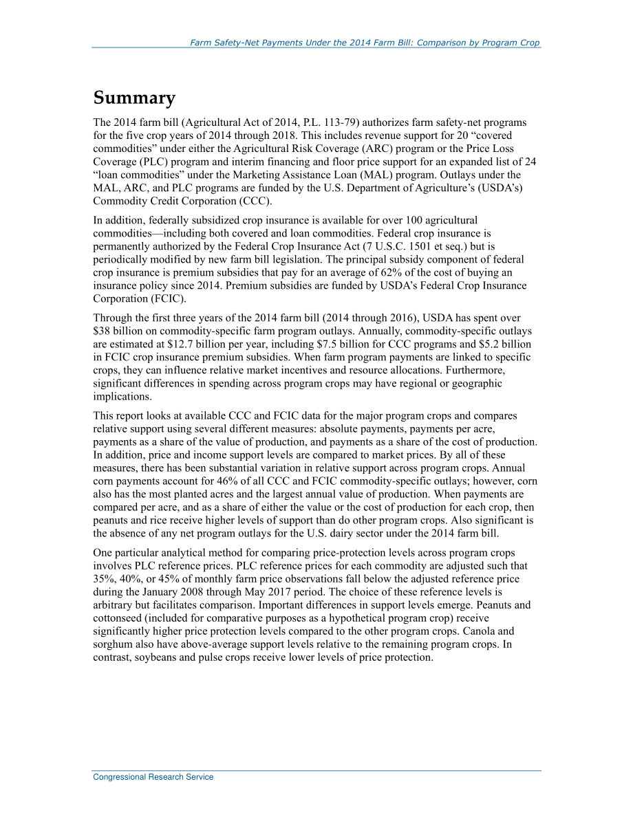 [20170811]R44914_2014年农业法案下的农业安全网付款：按程序裁剪进行比较.pdf_第2页