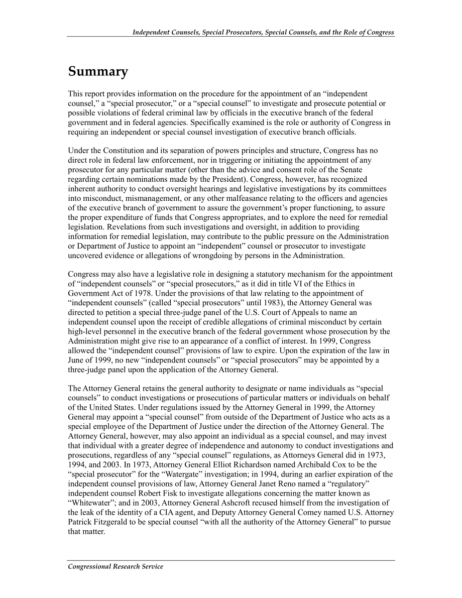 [20130620]R43112_独立顾问、特别检察官、特别顾问和国会的作用.pdf_第2页