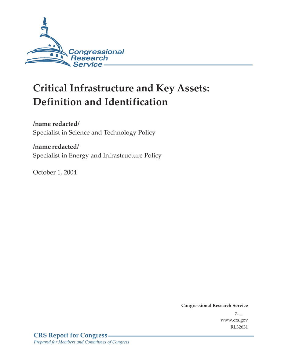 [20041001]RL32631_关键基础设施和关键资产：定义和识别.pdf_第1页