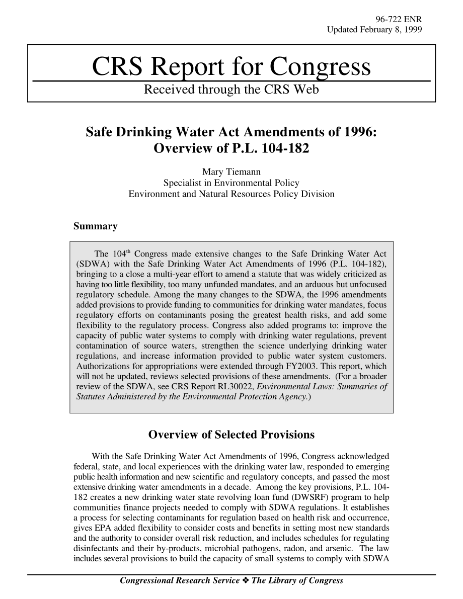 [19990208]96-722_1996年《安全饮用水法》修正案：P.L.概述104-182.pdf_第1页