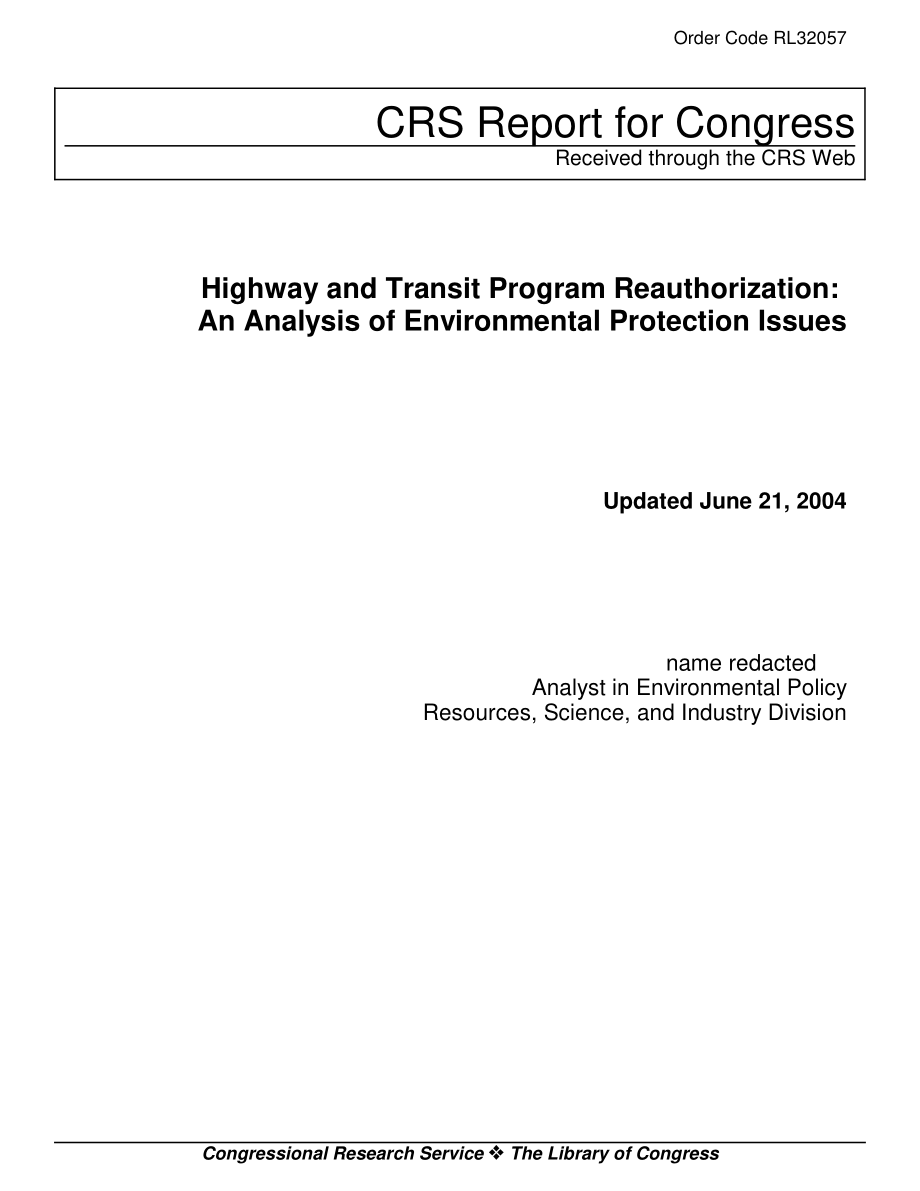 [20040621]RL32057_公路和交通项目重新授权：环境保护问题分析.pdf_第1页