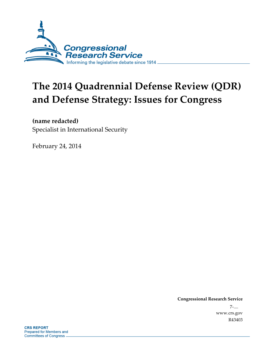 [20140224]R43403_2014年四年防务审查（QDR）和防务战略：国会议题.pdf_第1页