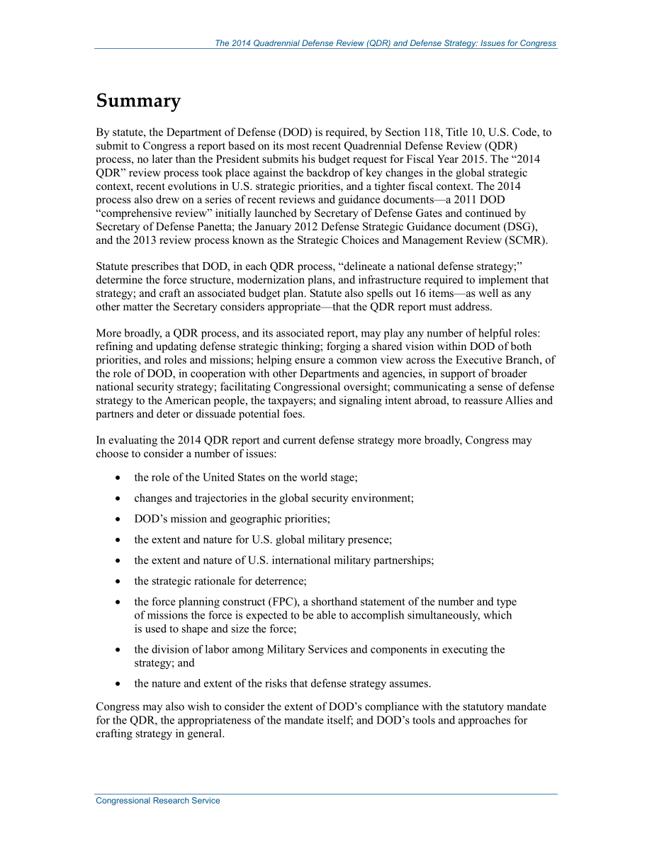[20140224]R43403_2014年四年防务审查（QDR）和防务战略：国会议题.pdf_第2页