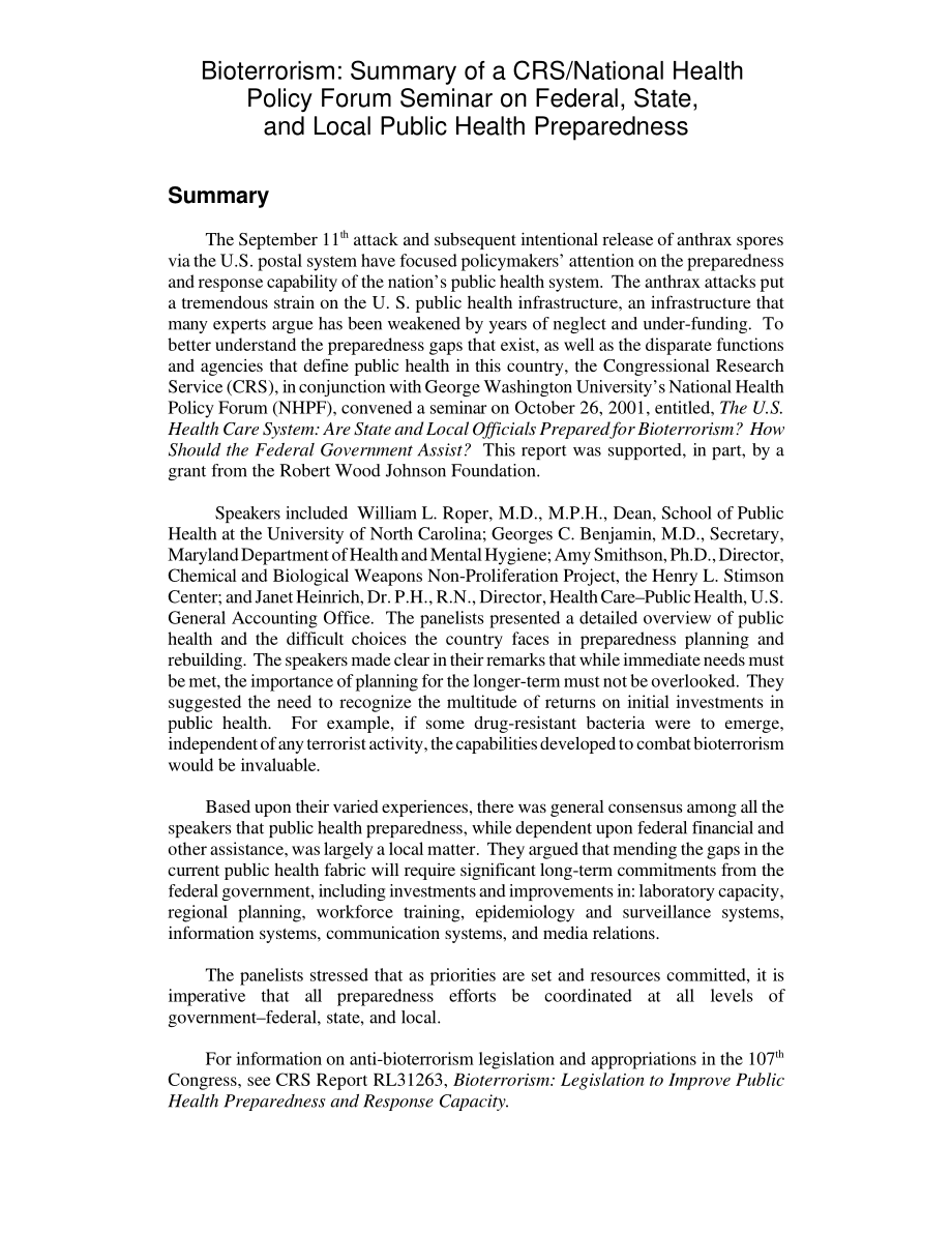[20020308]RL31225_生物恐怖主义：CRS国家卫生政策论坛关于联邦、州和地方公共卫生准备的研讨会摘要.pdf_第2页