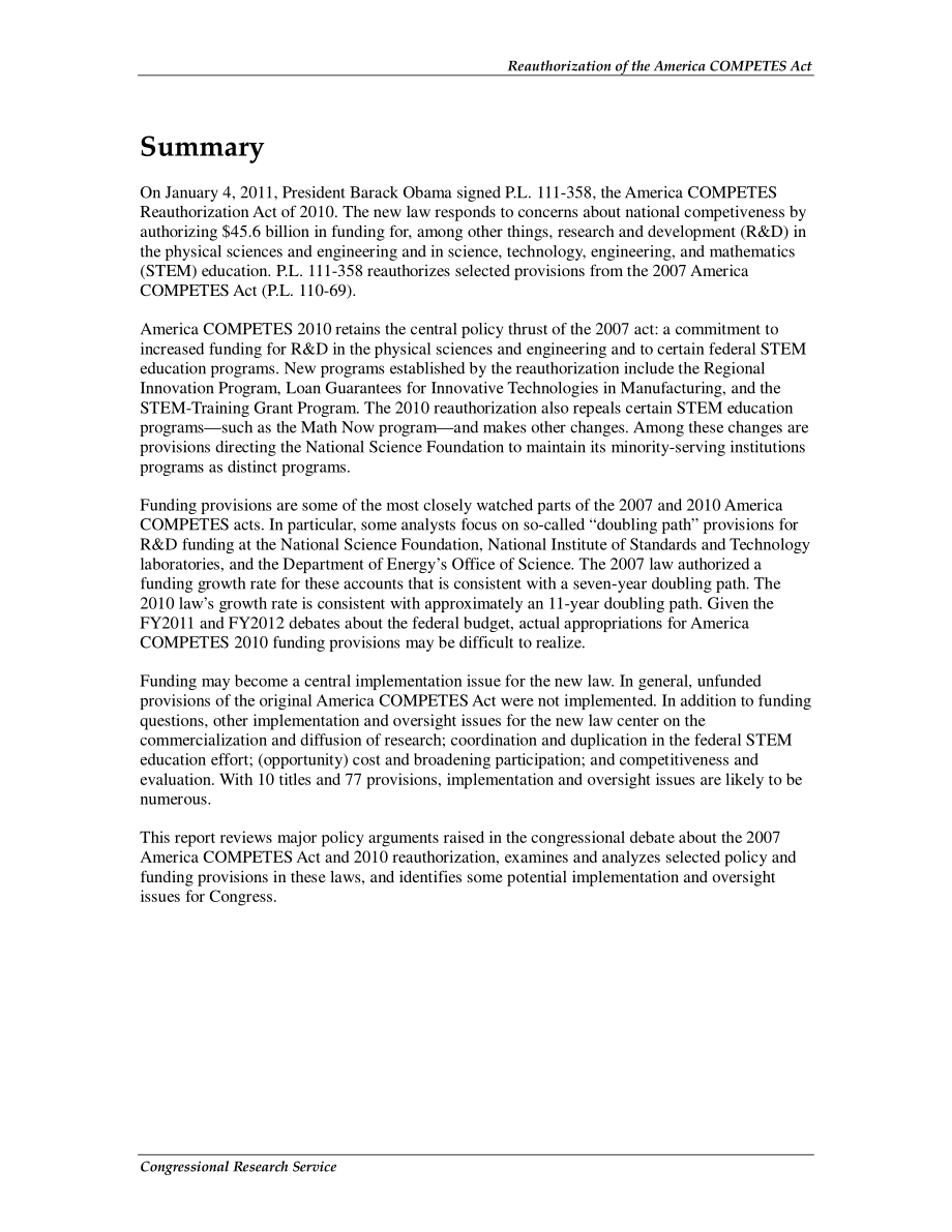 [20110511]R41819_《美国竞争法》的重新授权：选定的政策规定、资金和实施问题.pdf_第2页