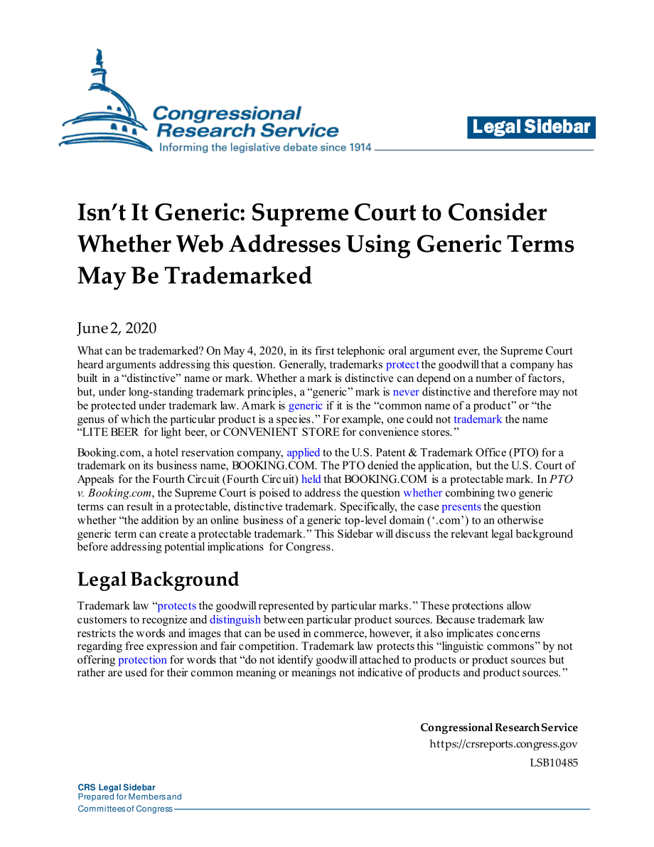 [20200602]LSB10485_这不是通用的吗：最高法院将考虑使用通用术语的网址是否可以注册商标.pdf_第1页