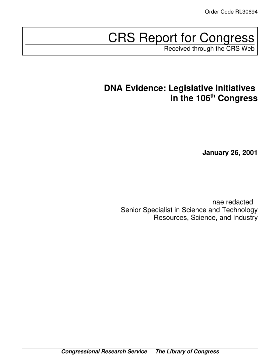 [20010126]RL30694_DNA证据：第106届国会的立法举措.pdf_第1页