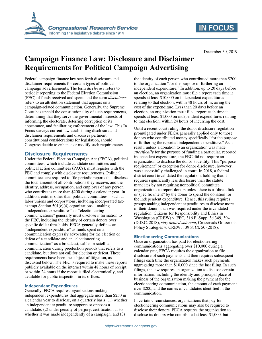 [20191230]IF11398_竞选融资法：政治竞选广告的披露和免责要求.pdf_第1页