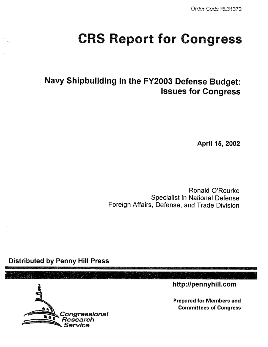 [20020415]RL31372_2003财年国防预算中的海军造船：国会议题.pdf_第1页