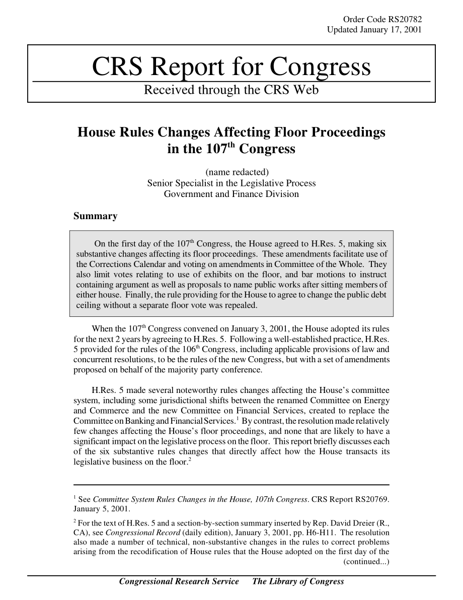 [20010117]RS20782_众议院规则变化影响第107届国会的议事程序.pdf_第1页