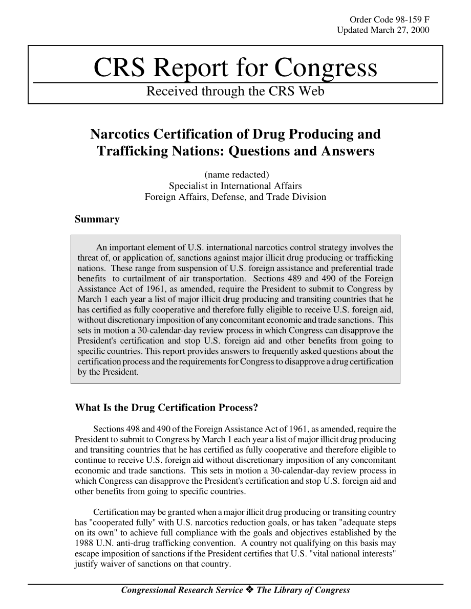 [20000327]98-159_毒品生产国和贩运国的麻醉品认证：问题和答案.pdf_第1页