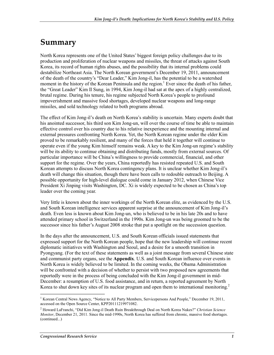 [20120111]R42126_金正日之死：对朝鲜稳定和美国政策的影响.pdf_第2页