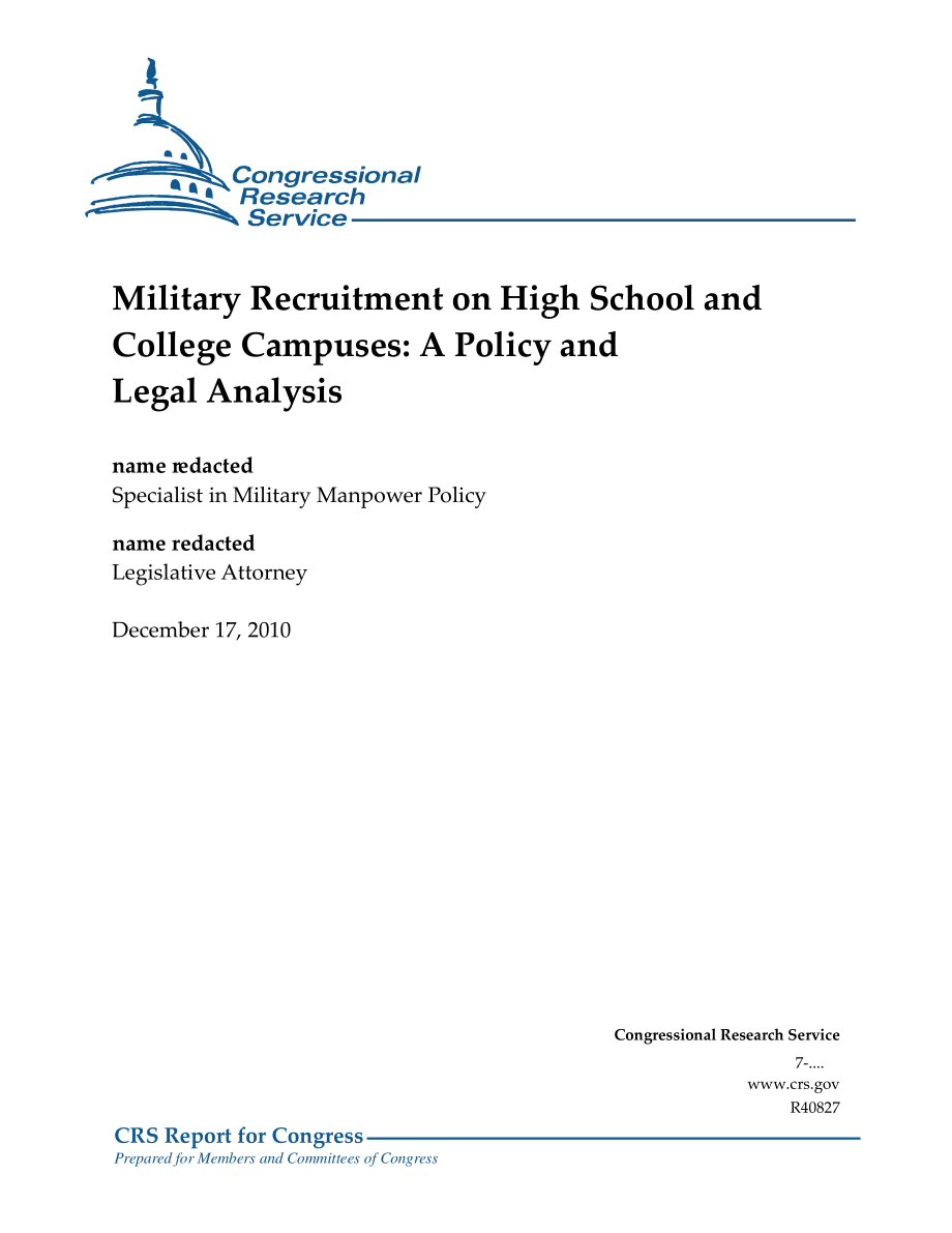 [20101217]R40827_高中和大学校园的军事招募：政策和法律分析.pdf_第1页