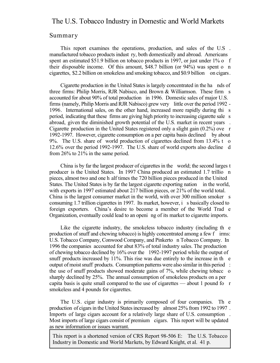 [19980609]98-506E_The U.S. Tobacco Industry in Domestic and World Markets.pdf_第3页