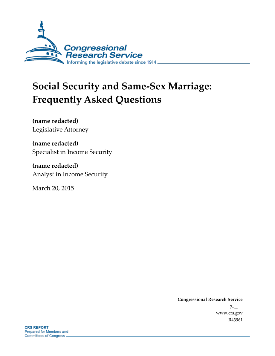 [20150320]R43961_社会保障和同性婚姻：常见问题解答.pdf_第1页