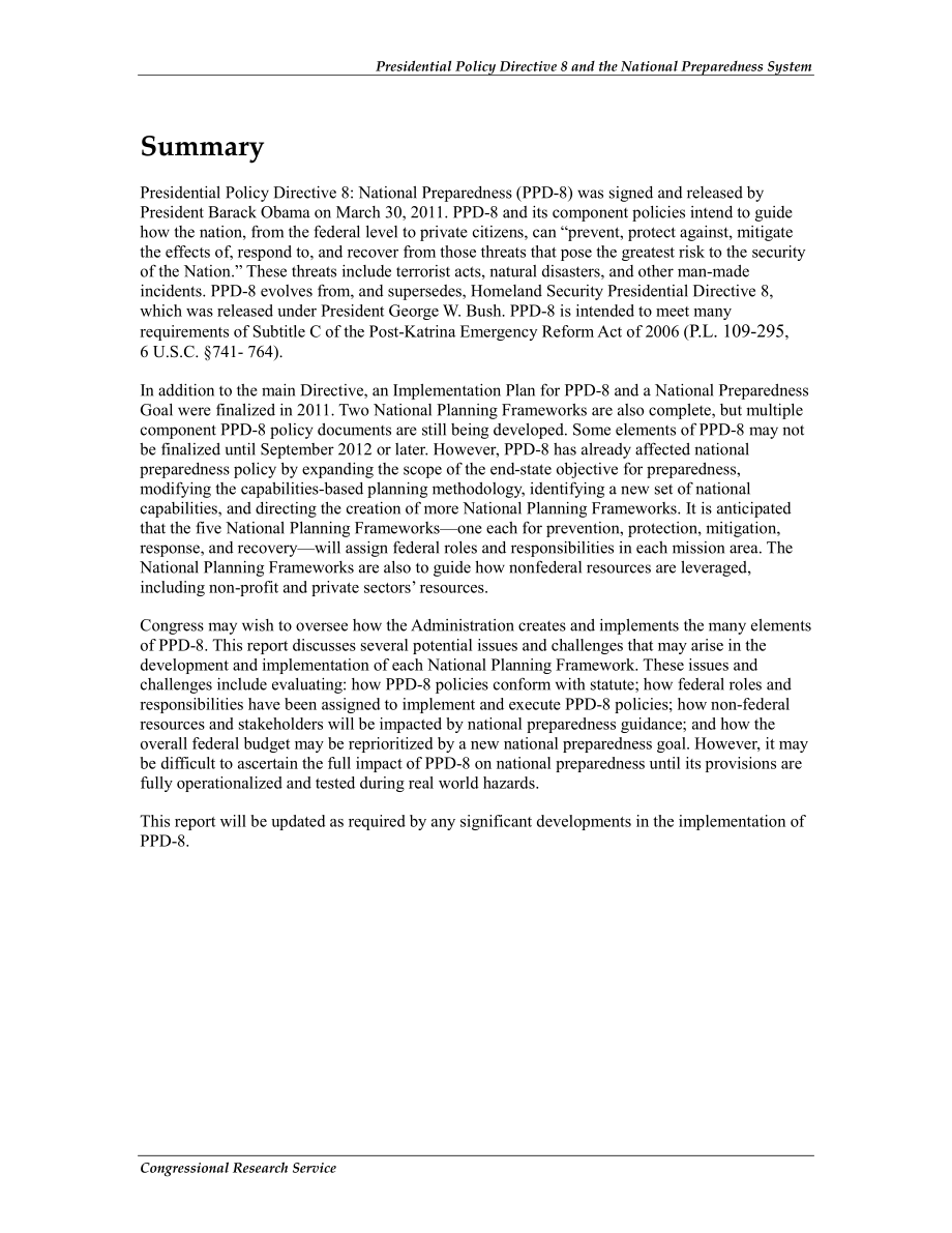 [20111021]R42073_总统政策指令8和国家防备系统：国会背景和议题.pdf_第2页
