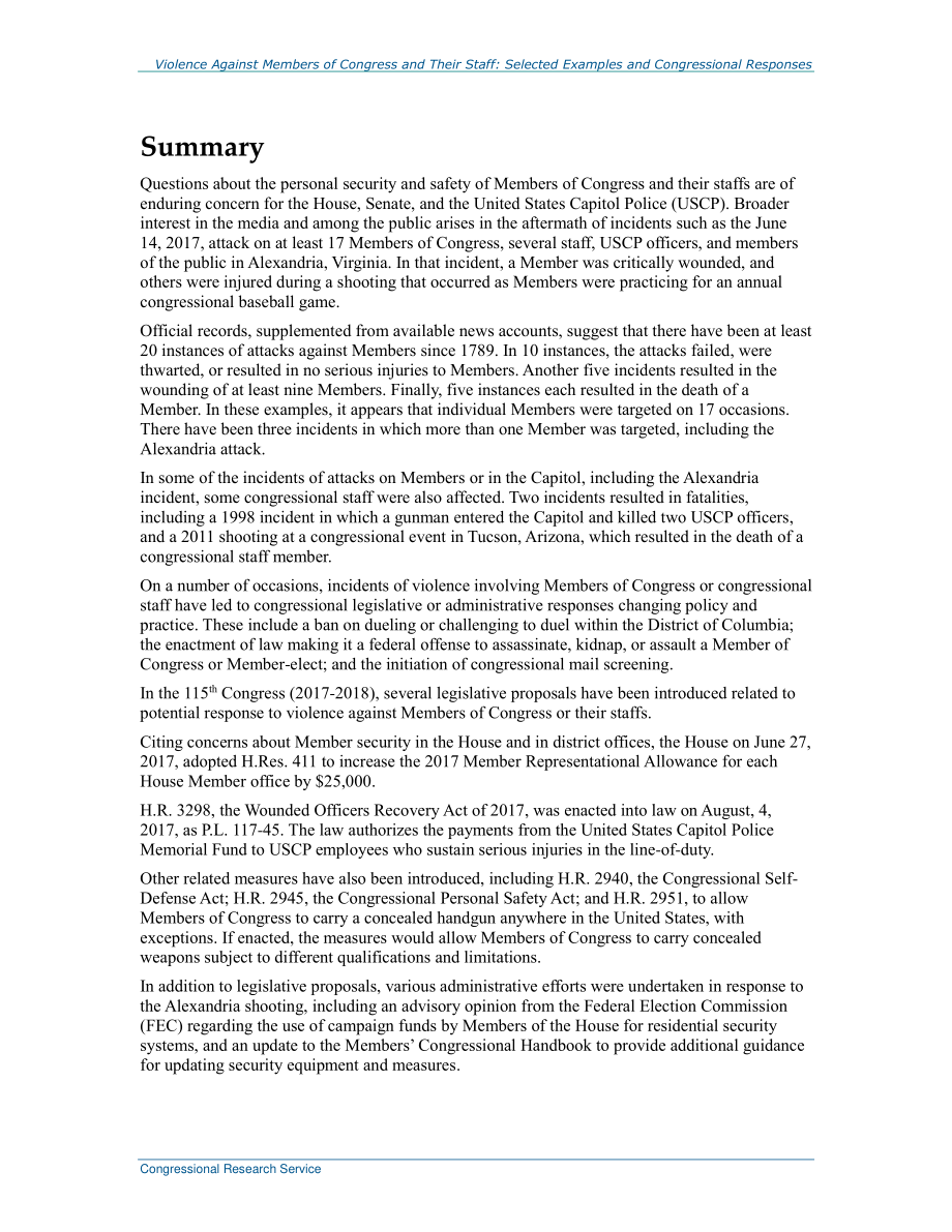[20170817]R41609_对国会议员及其工作人员的暴力行为：精选实例和国会回应.pdf_第2页