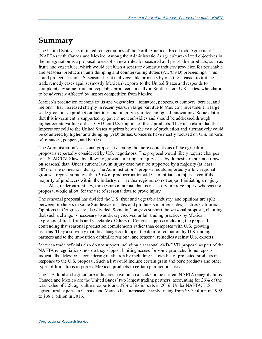 [20171207]R45038_NAFTA重新谈判中应对季节性农产品进口竞争的努力.pdf_第2页