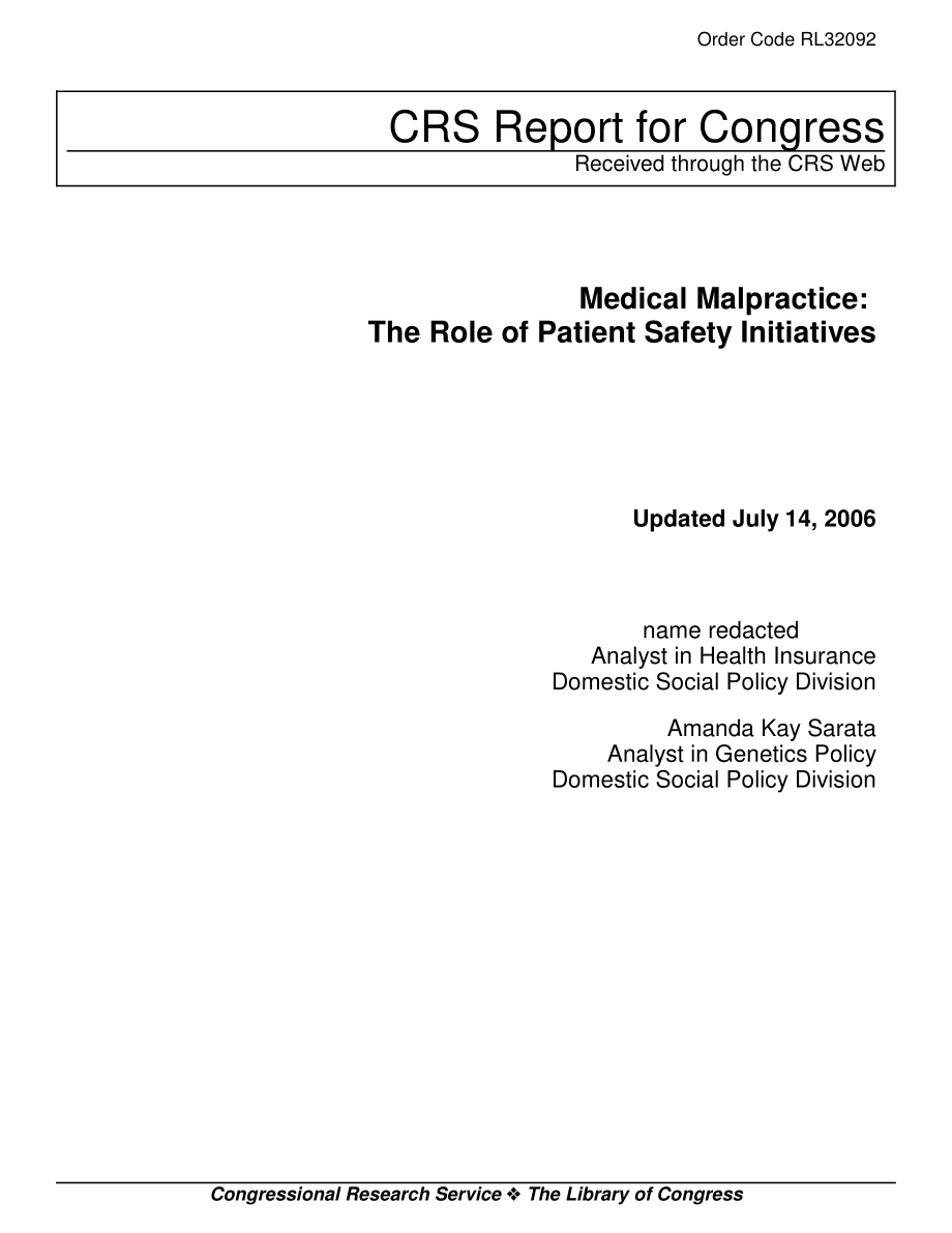 [20060714]RL32092_医疗事故：患者安全倡议的作用.pdf_第1页