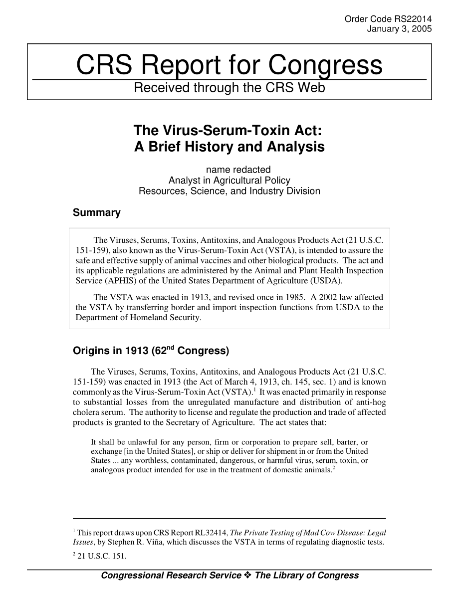 [20050103]RS22014_病毒血清毒素法案：简史与分析.pdf_第1页