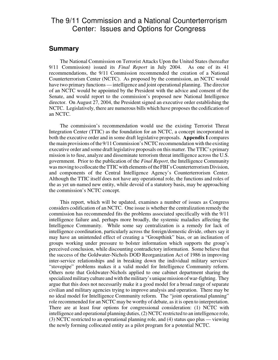 [20041022]RL32558_911委员会和国家反恐中心：国会的议题和选择.pdf_第2页