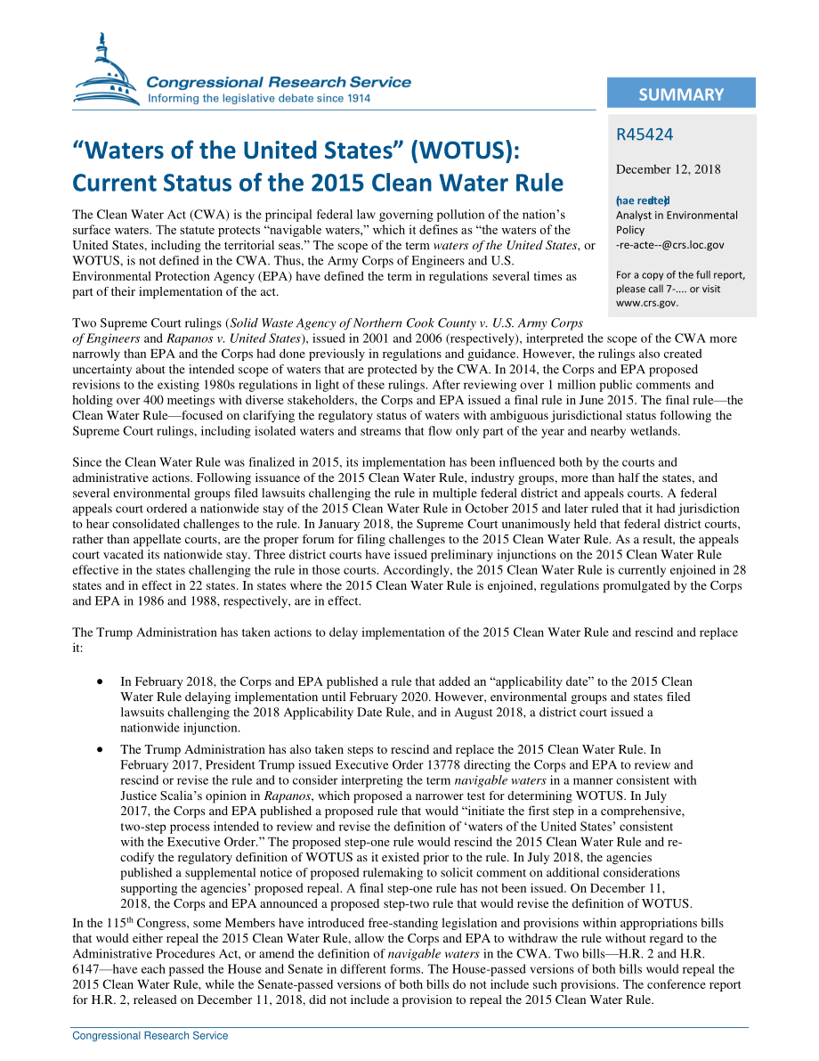 [20181212]R45424_“美国水域”（WOTUS）：2015年清洁水规则的现状.pdf_第2页