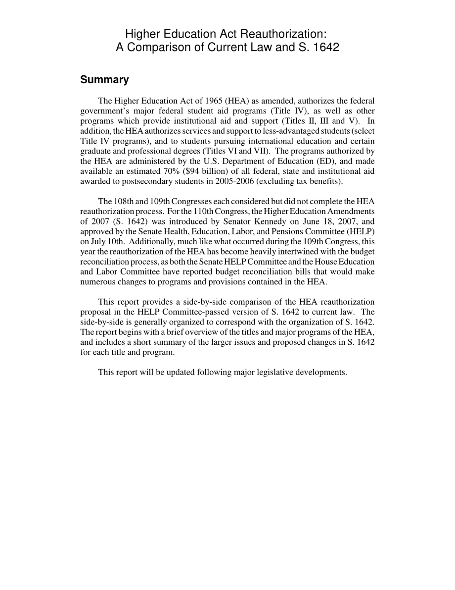 [20070723]RL34095_《高等教育法》重新授权：现行法律与S.1642的比较.pdf_第2页