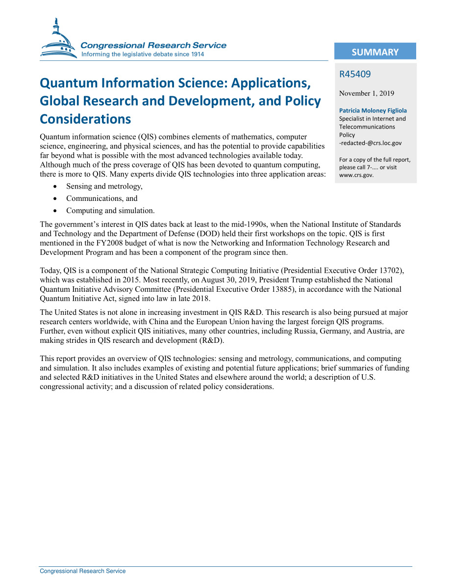 [20191101]R45409_量子信息科学：应用、全球研发和政策考虑.pdf_第2页