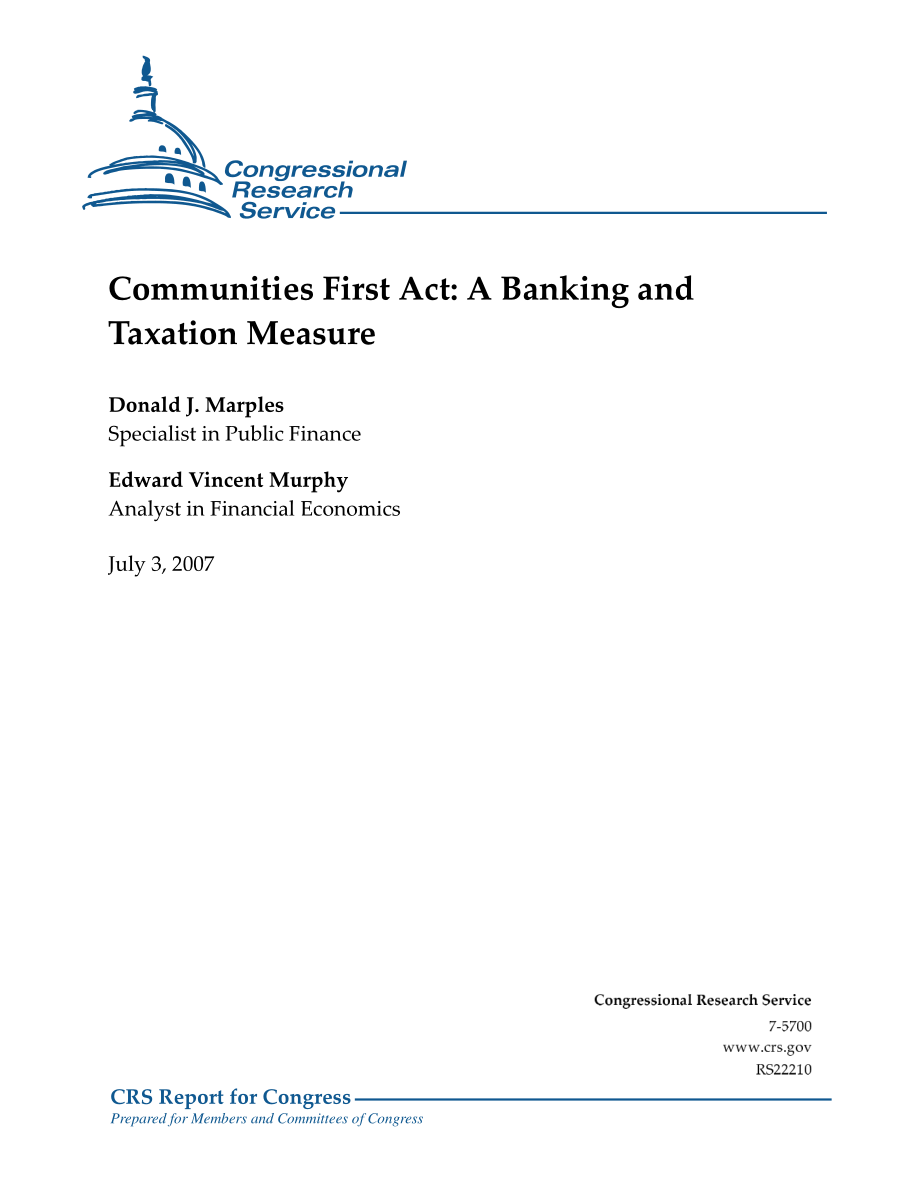 [20070703]RS22210_社区第一法案：银行和税收措施.pdf_第1页