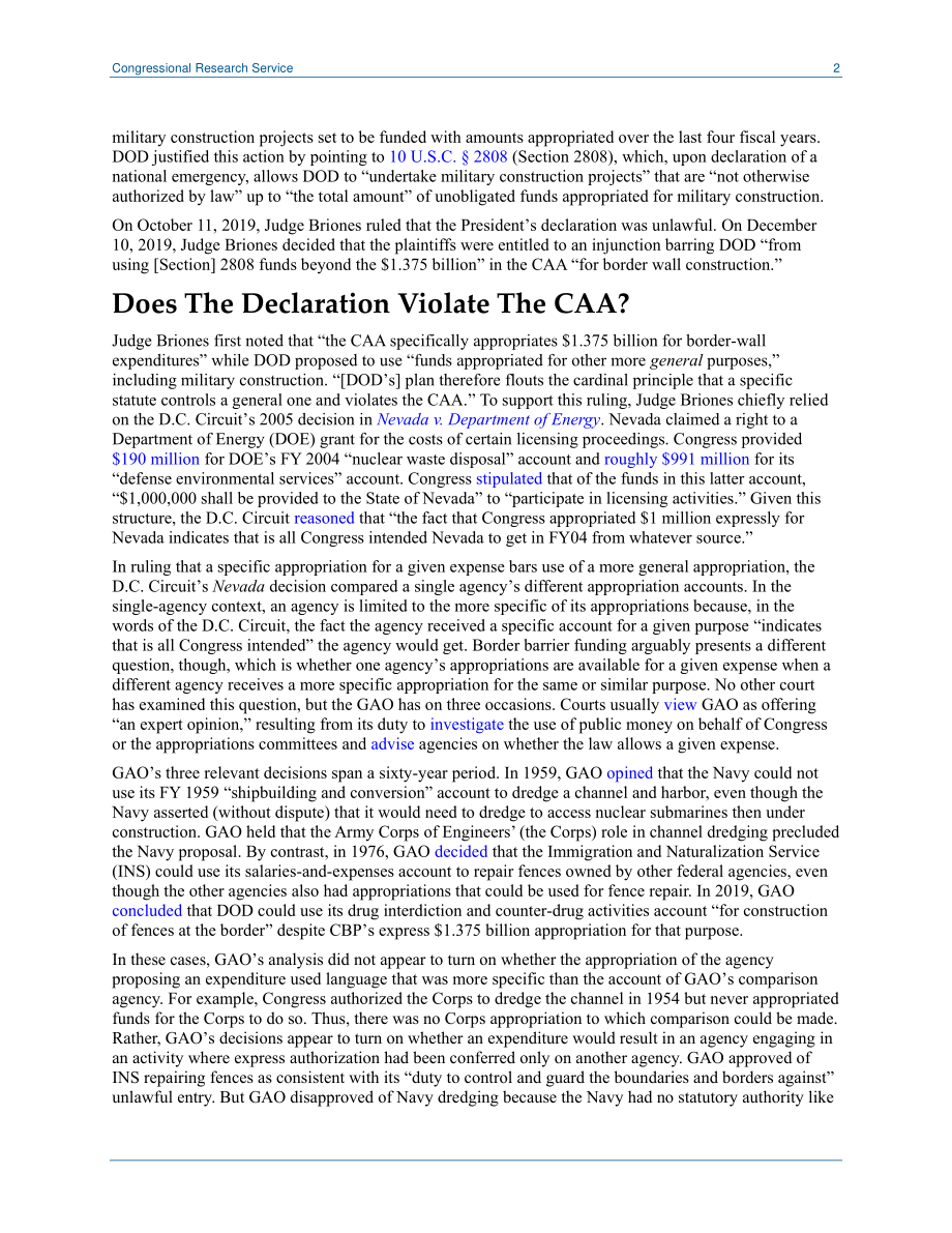 [20200124]LSB10398_德克萨斯州边境障碍诉讼：对拨款法的影响.pdf_第2页