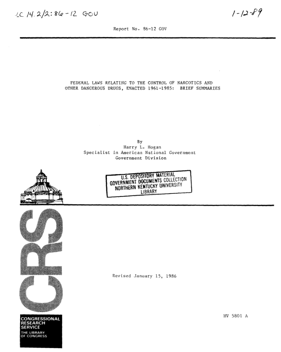 [19860115]86-12GOV_1961-1985年颁布的与麻醉品和其他危险药物管制有关的联邦法律：简要总结.pdf_第1页