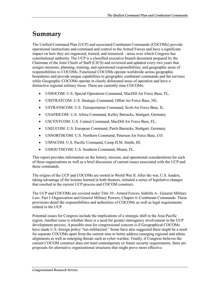 [20130103]R42077_统一指挥计划和作战司令部：国会背景和议题.pdf_第2页