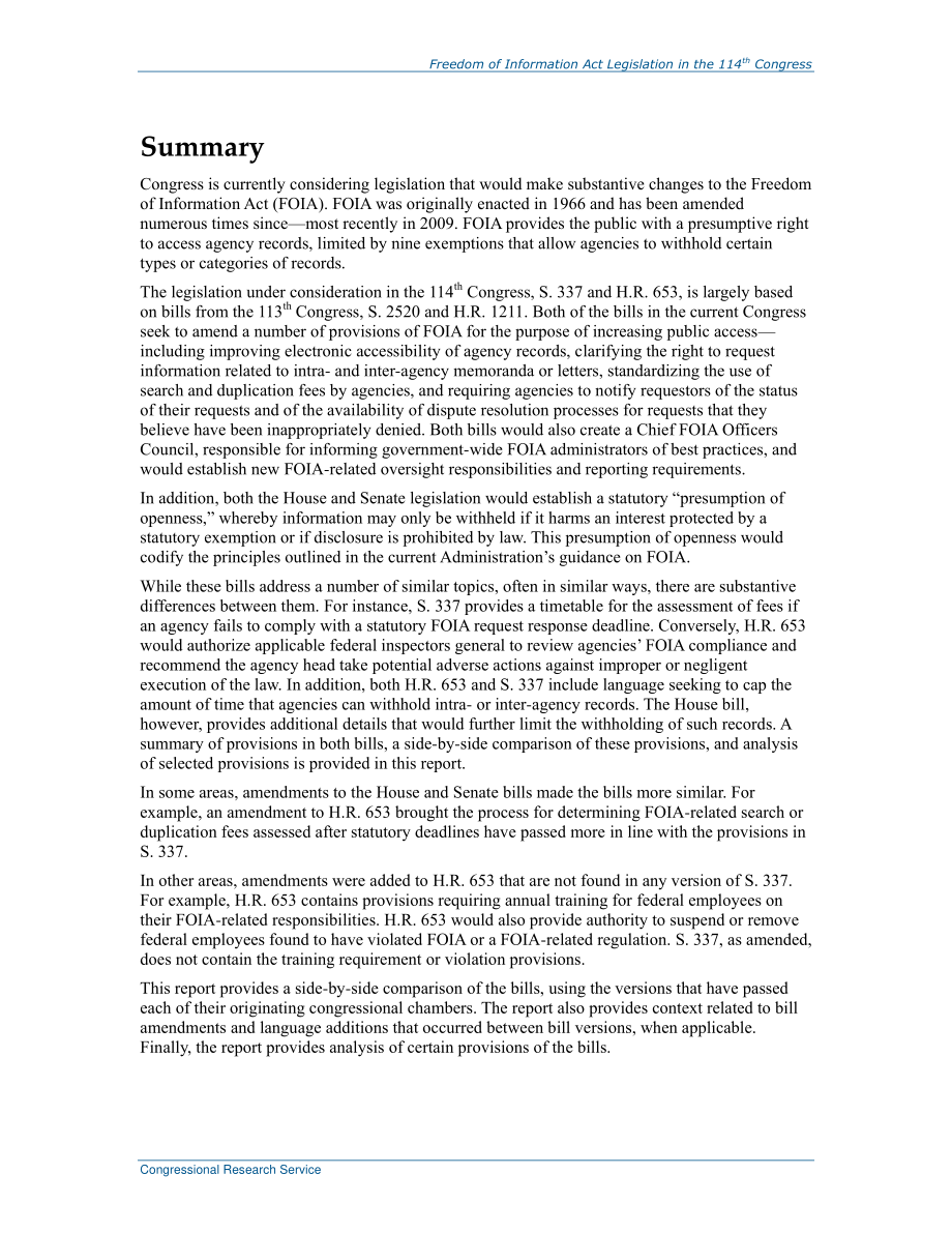 [20160421]R43924_第114届国会信息自由法立法：问题总结和并列分析.pdf_第2页