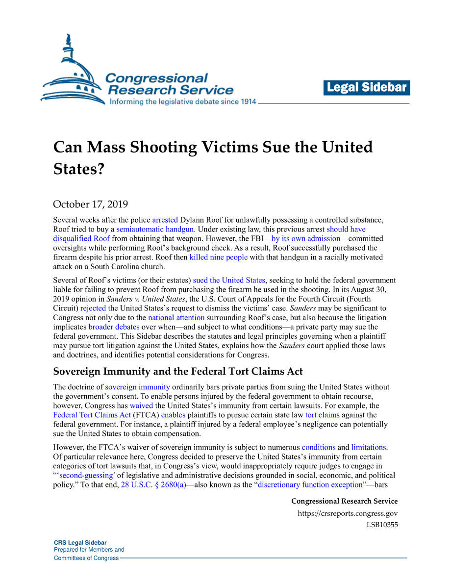 [20191017]LSB10355_大规模枪击受害者能起诉美国吗？.pdf_第1页