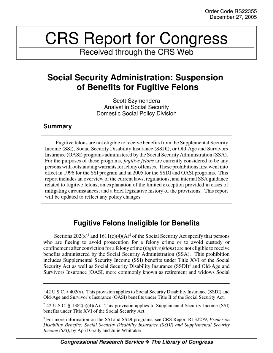 [20051227]RS22355_社会保障管理局：暂缓为逃犯提供福利.pdf_第1页
